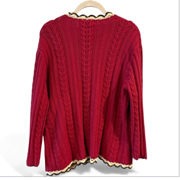 Anne Klein Cable Knit Cardigan Sweater Burgundy Cream Brown Tie Size Large - Picture 2 of 14